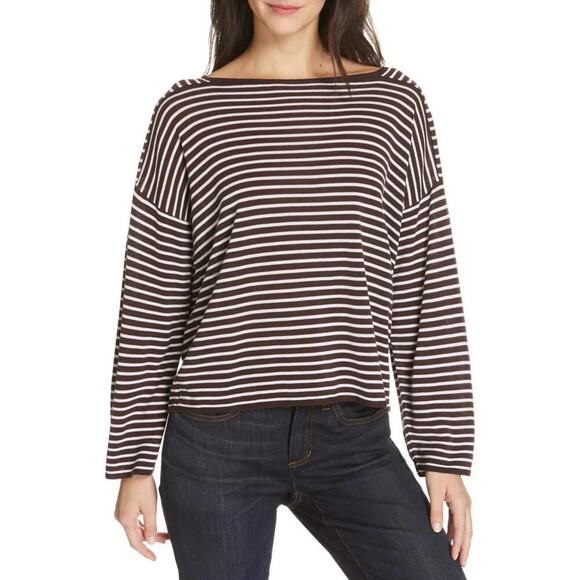 Eileen Fisher Bateau-Neck Brown White Stripe Sweater Sz M - Picture 1 of 8
